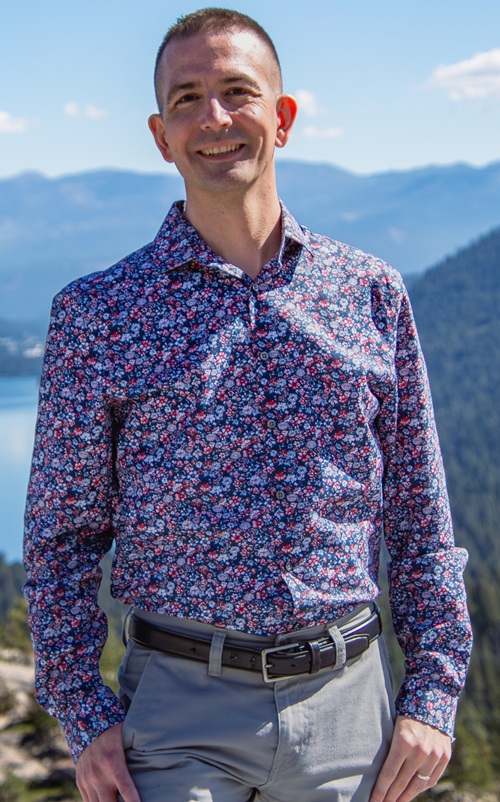 Jay at Donner Lake near Lake Tahoe in a floral shirt.